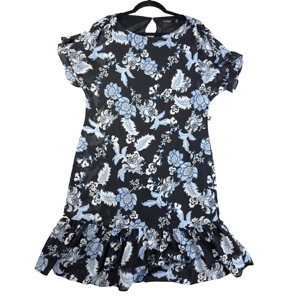 Lauren Ralph Lauren Dress Womens 8 Blue Floral Georgette Knee Legnth Classy Cute